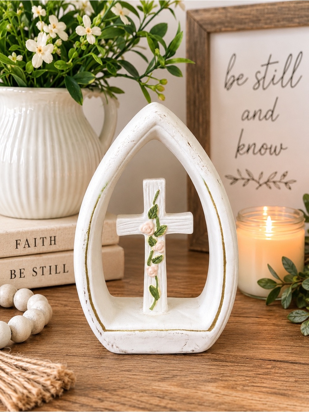 White Floral Cross Figurine Christian Faith Farmhouse Cottage Religious Decor